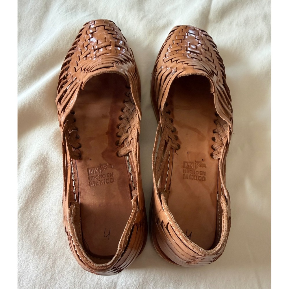 Handmade Mexican Leather Huarache Sandals Tan Woven Flat Slip On Shoes Women - Picture 4 of 7